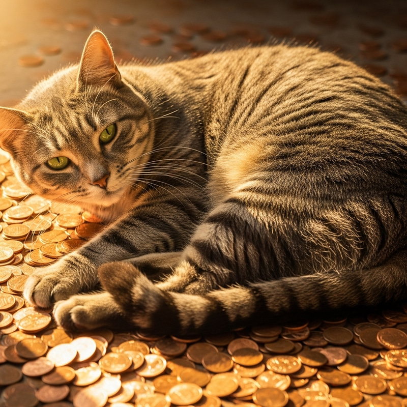 Big Cat with a Penny Pile | Captivating Coin Reflections Big Cat with a Penny Pile | Captivating Coin Reflections