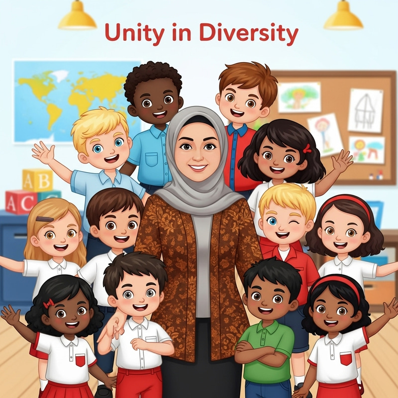 Colorful Educational Poster with Indonesian Teacher & Diverse Children Colorful Educational Poster with Indonesian Teacher & Diverse Children
