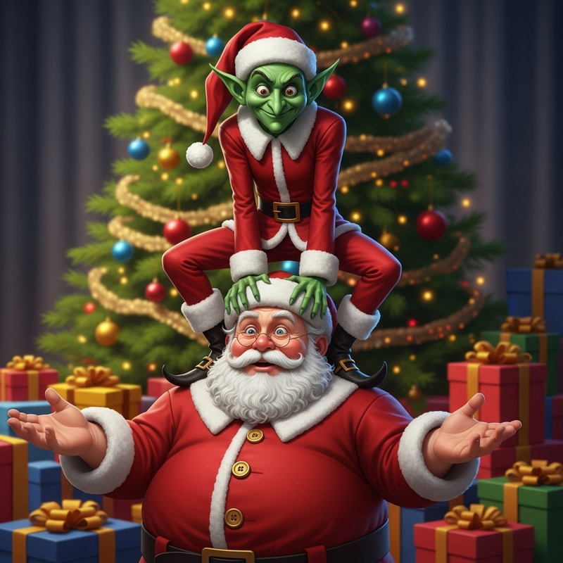 The Grinch Sitting on Santa - Festive Christmas Scene The Grinch Sitting on Santa - Festive Christmas Scene
