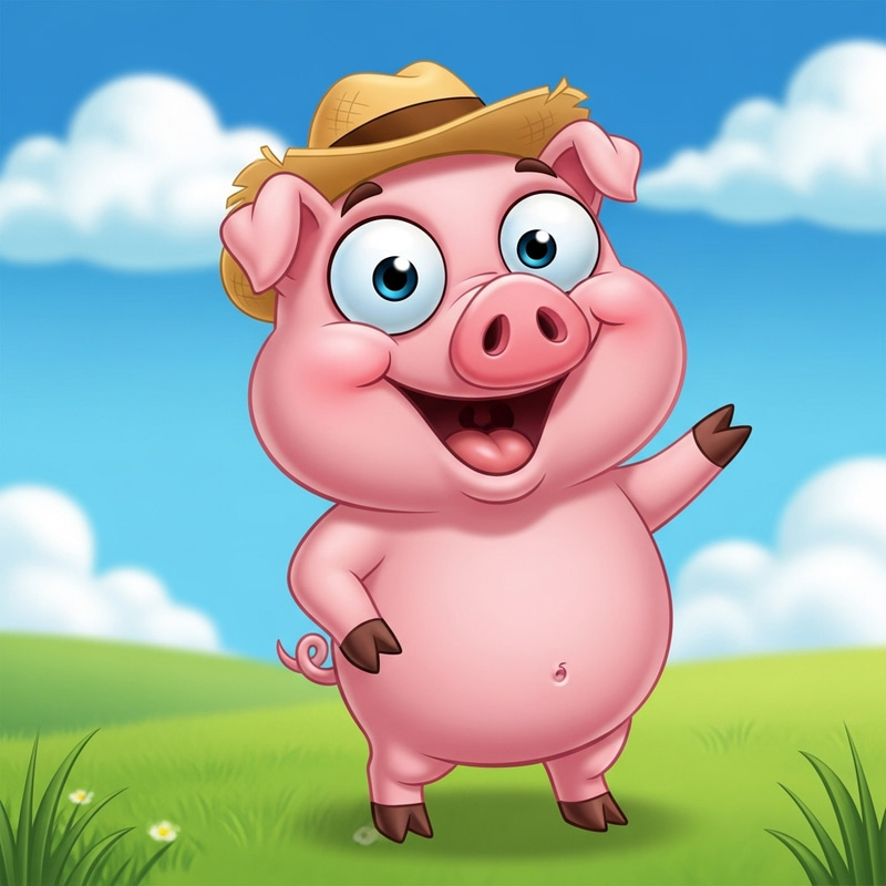 Humorous Pink Pig Cartoon | Sunny Meadow Scene