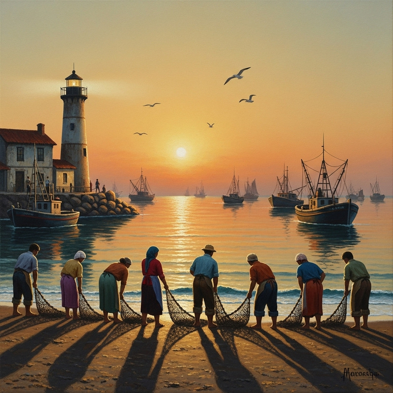 Tranquil Chat with Harbour Sunset Painting