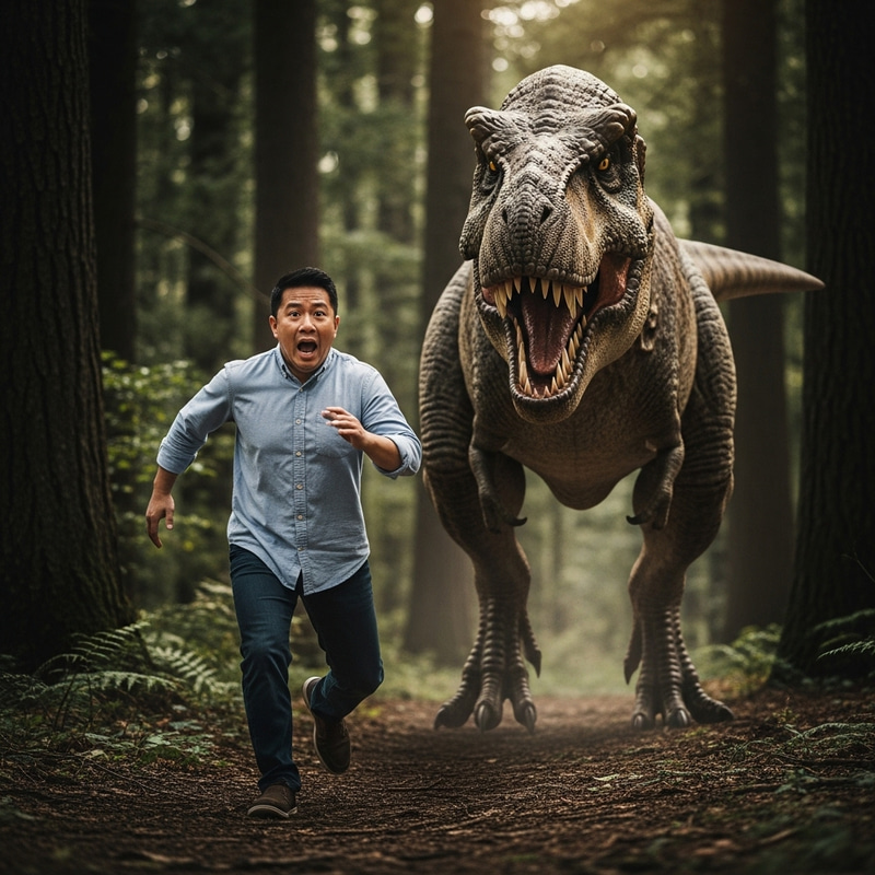 Fearful Adult Running from Dinosaur in High-Res Image Fearful Adult Running from Dinosaur in High-Res Image