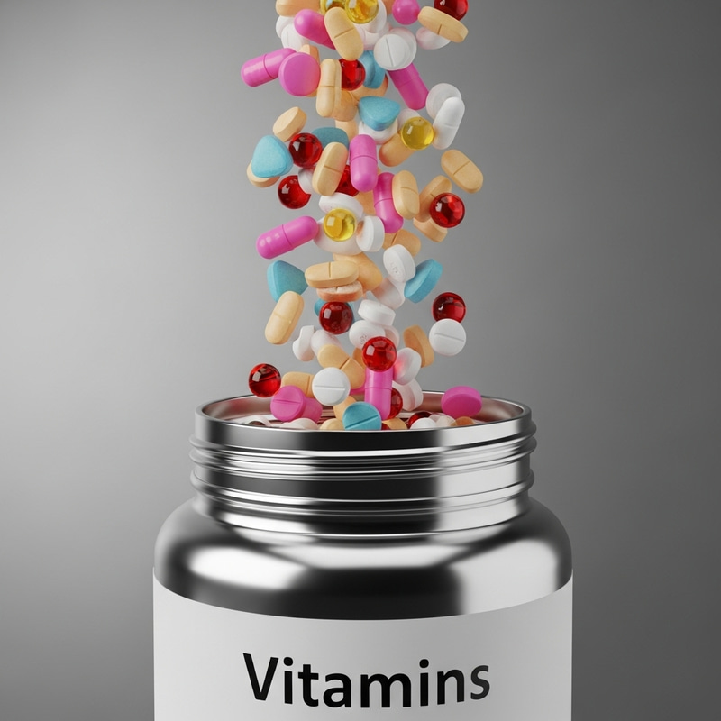 Ultra Realistic 3D Image of Vitamin Container Filled with 300 Colorful Vitamins Ultra Realistic 3D Image of Vitamin Container Filled with 300 Colorful Vitamins