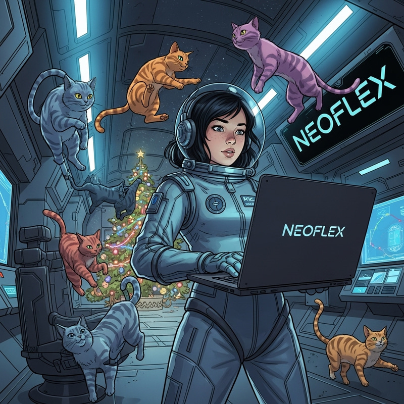 Vibrant Space Adventure with Slavic Girl, Floating Cats, and Neoflex