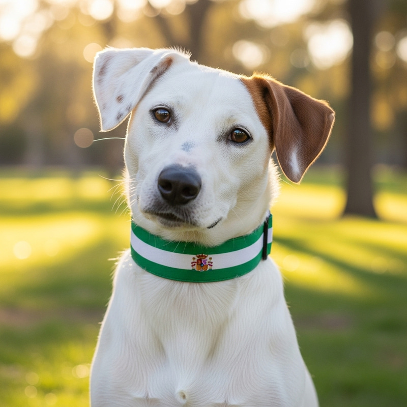 Medium-Sized White Dog with Brown Spots and Andalusian Flag Collar Medium-Sized White Dog with Brown Spots and Andalusian Flag Collar