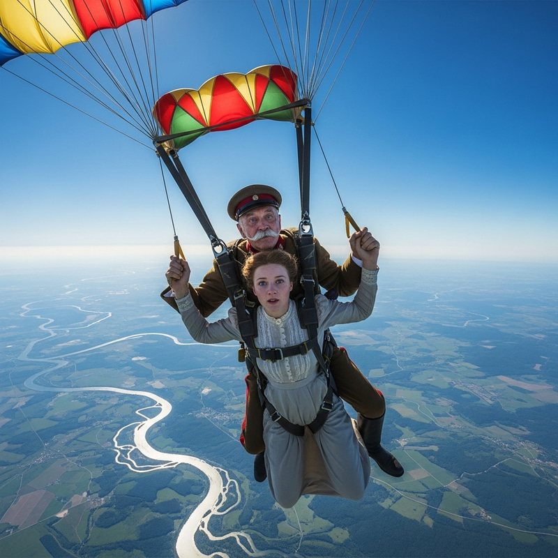 Stalin and Daughter Skydiving in 20th Century Attire