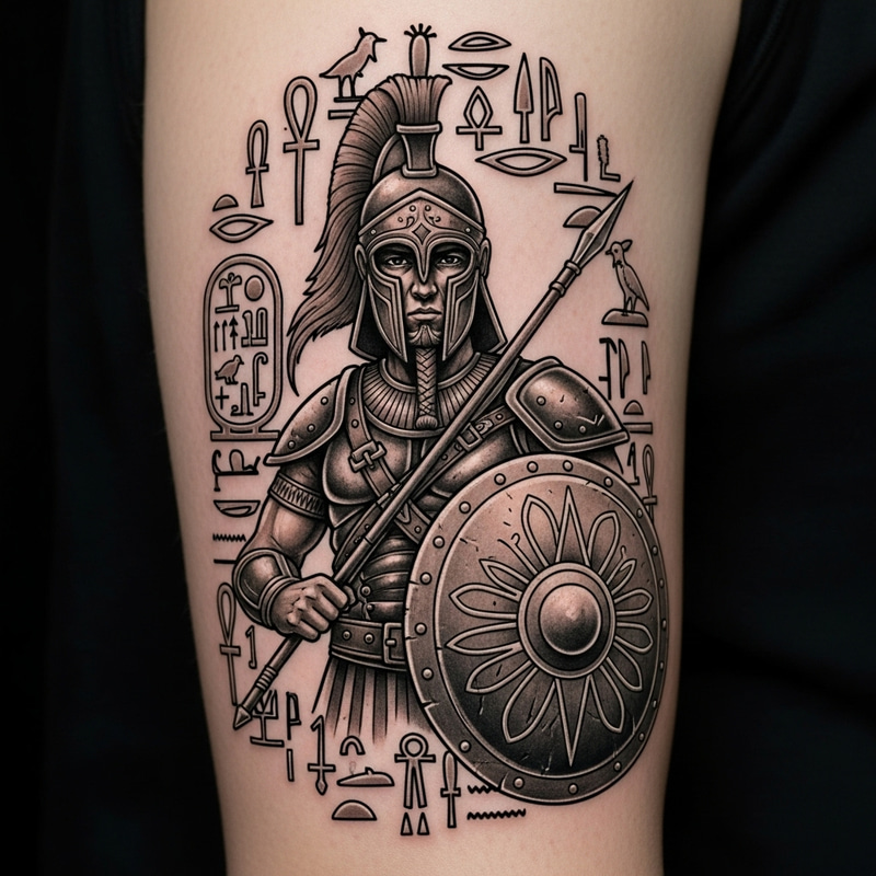 Powerful Warrior Tattoo with Egyptian Hieroglyphics