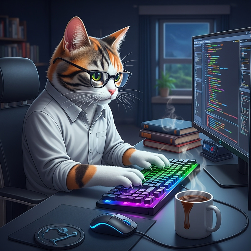Cat Coding | Modern Desk Illustration Cat Coding | Modern Desk Illustration