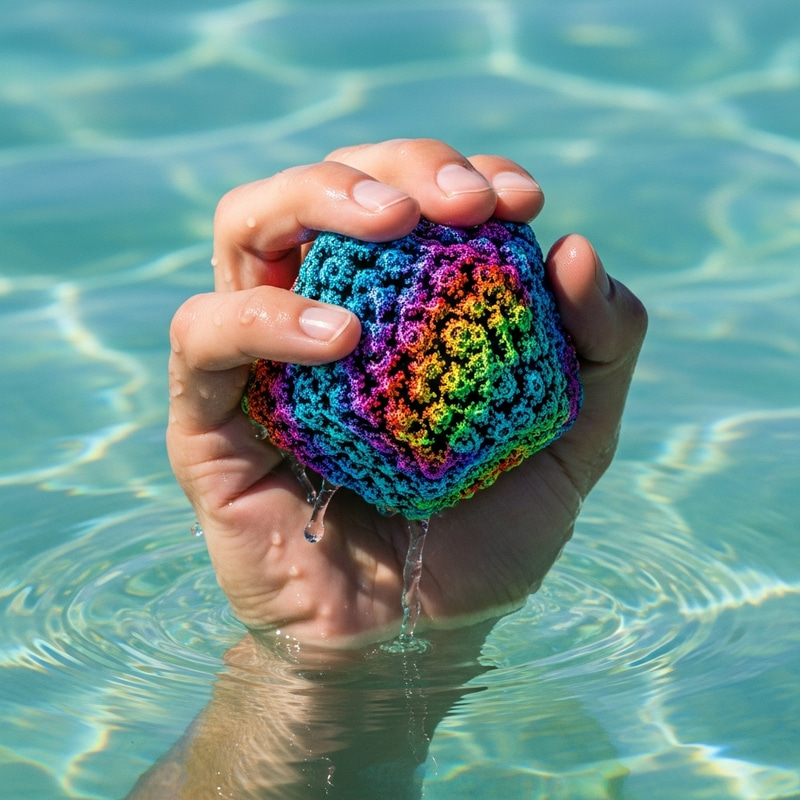 Realistic Hand Rising from Serene Water with Colorful Fractal Object Realistic Hand Rising from Serene Water with Colorful Fractal Object