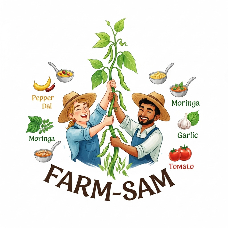 Whimsical Farm Logo with Farmers & Beanstalk Whimsical Farm Logo with Farmers & Beanstalk