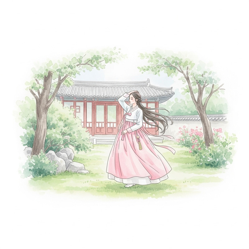 Serene Korean Garden Hanbok Watercolor Art Serene Korean Garden Hanbok Watercolor Art