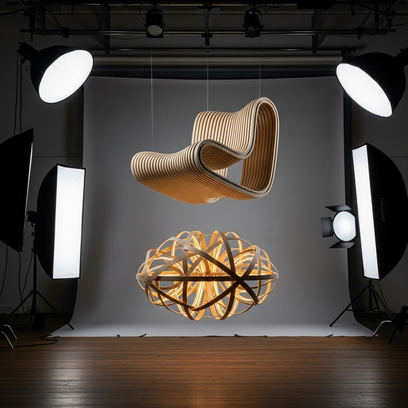 Parametric Wooden Chair & Designer Chandelier in Studio Photo