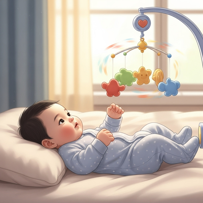 Adorable Asian Baby Admiring Colorful Mobile on Soft Blanket