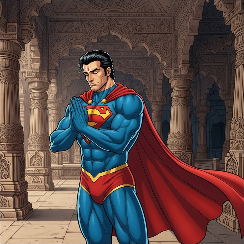 Superman in Indian Temple - Serene and Reverent