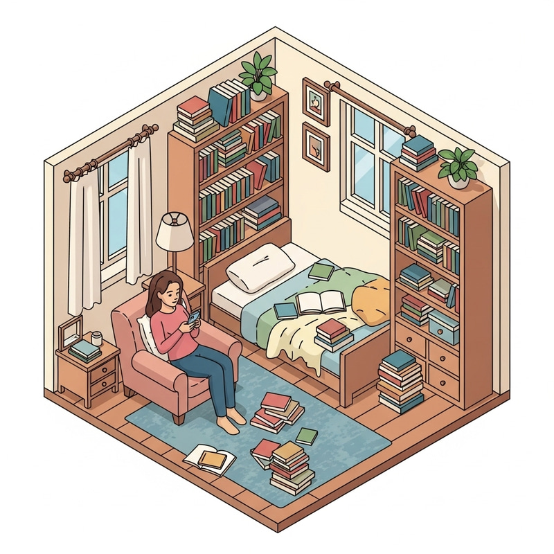 Isometric Bedroom with Bookcases: Vibrant Book-Lover's Paradise Isometric Bedroom with Bookcases: Vibrant Book-Lover's Paradise