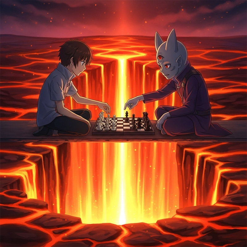 Shinji Ikari vs 3rd Angel: Chess Battle Over Lava Chasm