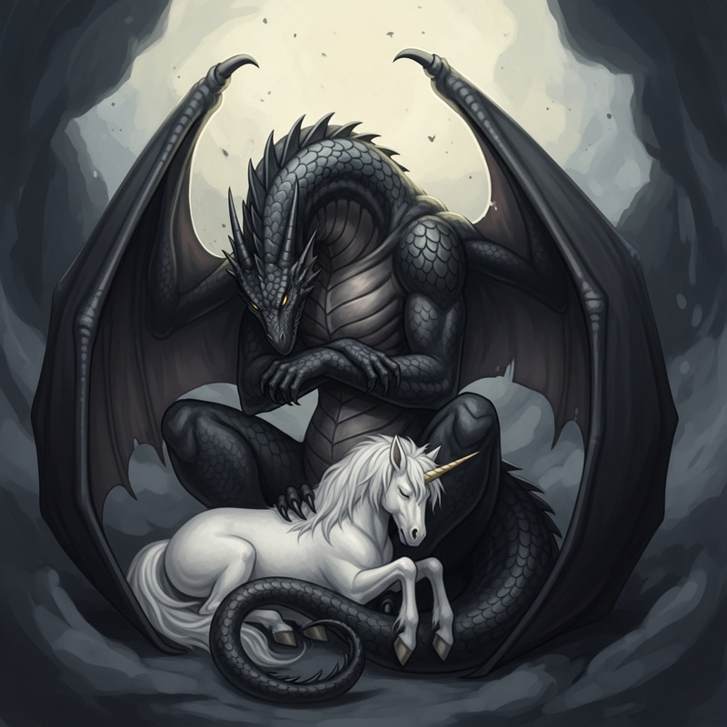 Majestic Black Dragon Embracing Sleeping Unicorn - Mythical Beasts Majestic Black Dragon Embracing Sleeping Unicorn - Mythical Beasts