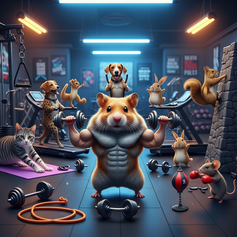 Muscular Animal Gym Scene with Hamster Working Out