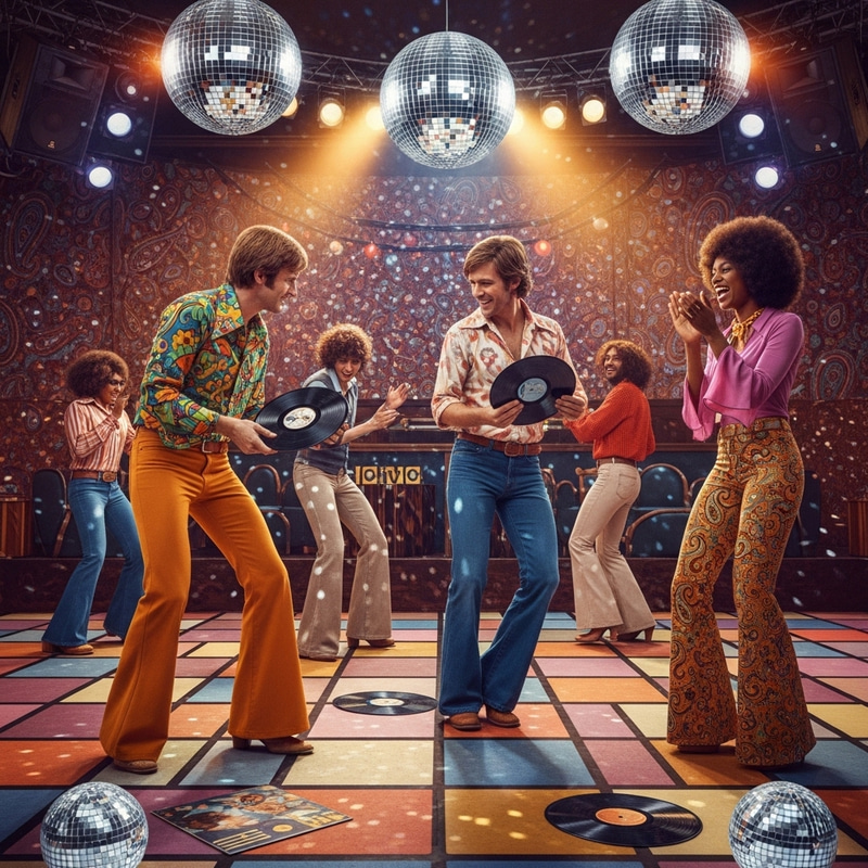 Funky Fresh 1970s Dance Floor with Colorful Mirror Balls Funky Fresh 1970s Dance Floor with Colorful Mirror Balls