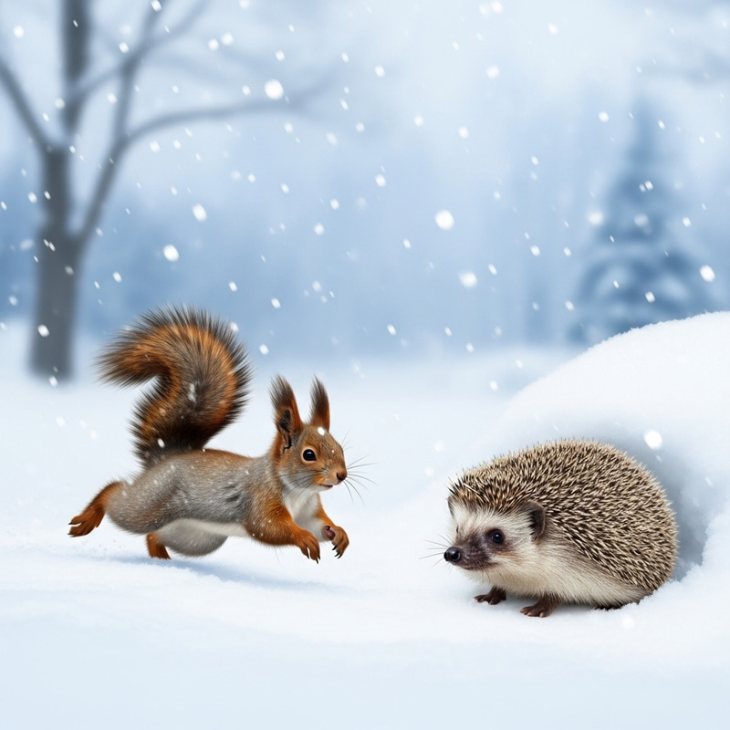 Winter Wildlife: Squirrel and Hedgehog in Snow
