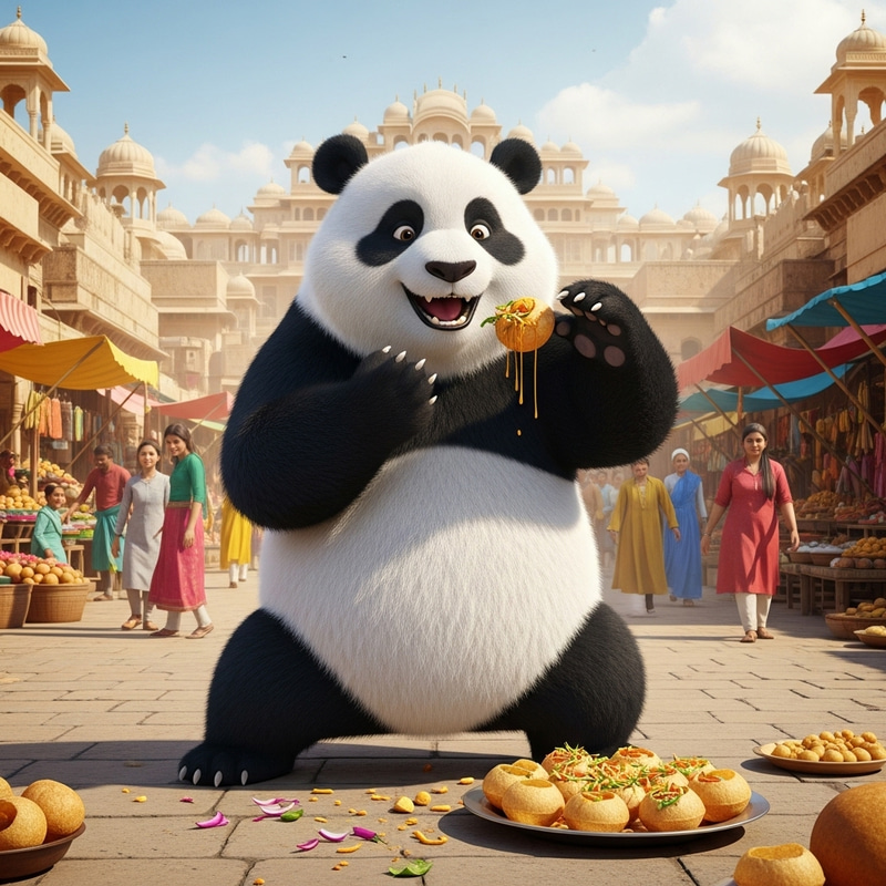 Kung Fu Panda Devouring Panipuri in Vibrant Indian Marketplace