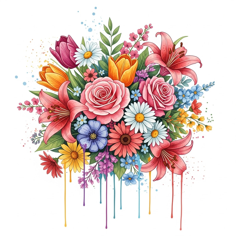 Whimsical Watercolour Flowers with Vibrant Blooms and Creative Paint Splatters