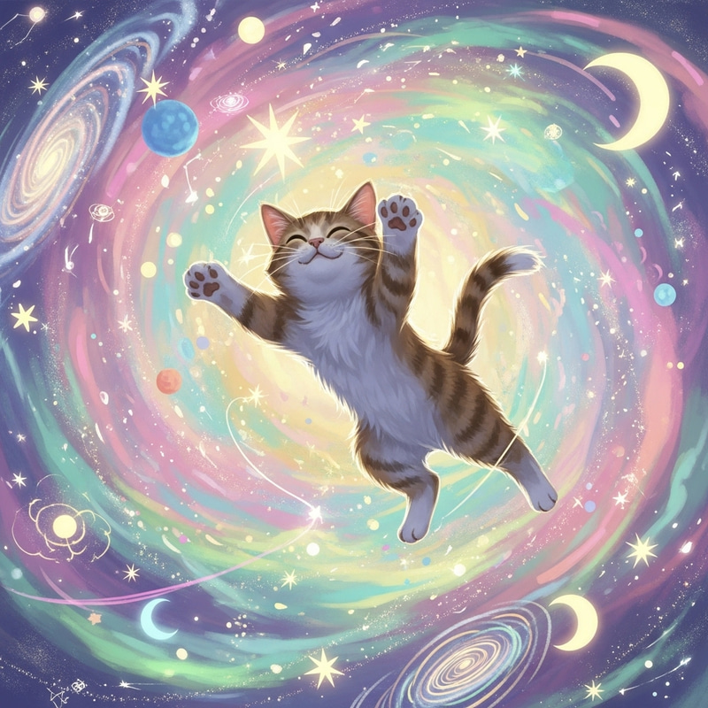 Playful Cat in Vibrant Cosmic Universe - Pastel Colors & Cosmic Patterns Playful Cat in Vibrant Cosmic Universe - Pastel Colors & Cosmic Patterns