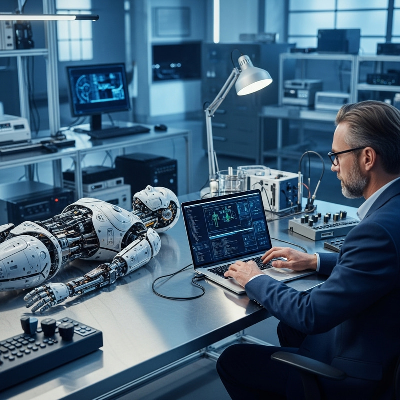 Modern Laboratory Scene with Android, Laptop, and Concentrated Scientist Modern Laboratory Scene with Android, Laptop, and Concentrated Scientist