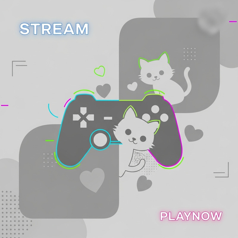 Grey Twitch Banner with Gamepads, Kitties, Hearts, and Neon Elements