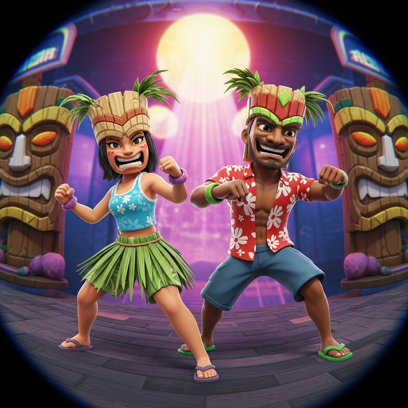 Dynamic Tiki Twins: Retro Arcade Action in Vibrant Colors Dynamic Tiki Twins: Retro Arcade Action in Vibrant Colors