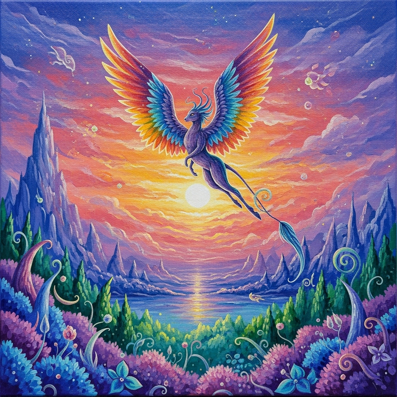 Whimsical Fantasy Landscape with Mythical Creature and Iridescent Wings Whimsical Fantasy Landscape with Mythical Creature and Iridescent Wings