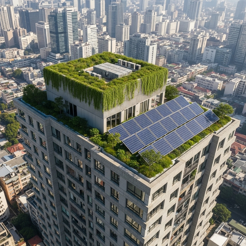 Cozy High-Rise Building with Green Oasis and Solar Panels in Urban Setting