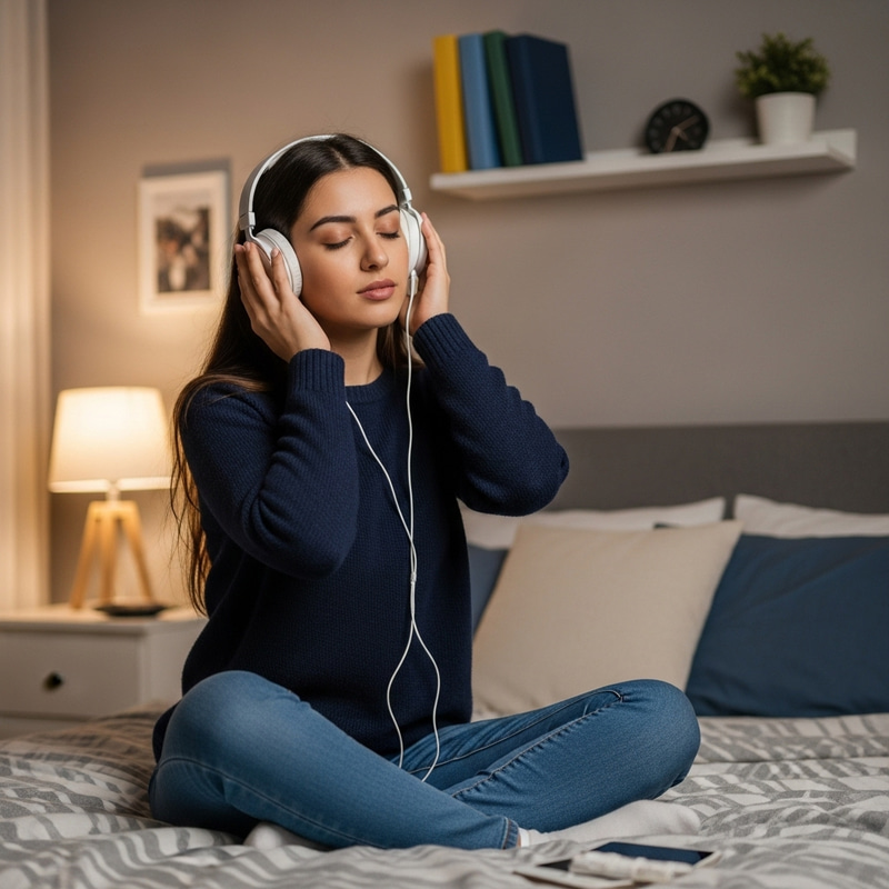 Serene Middle-Eastern Girl Lost in Music on Bed