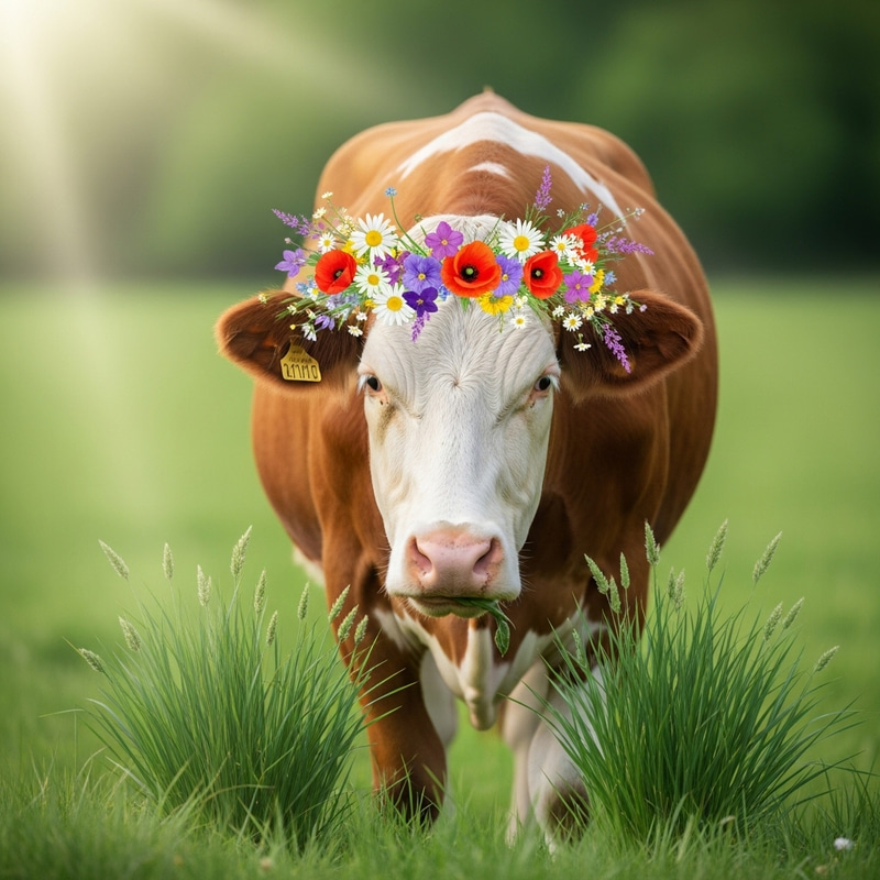 Idyllic Meadow Scene with Crowned Cow | Nature Harmony
