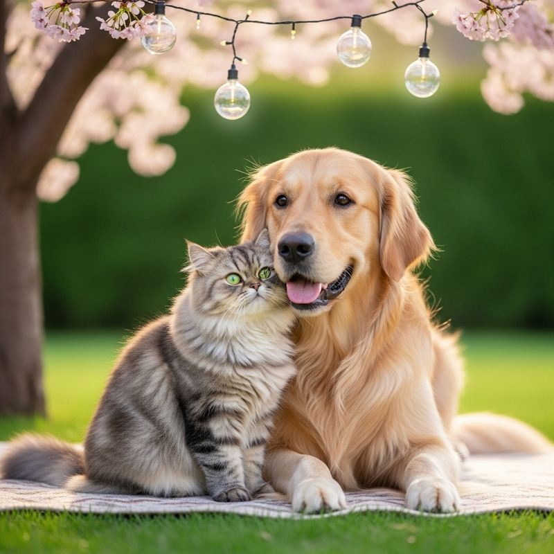 Adorable Cat and Dog Friendship Under Cherry Tree