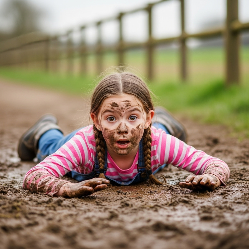 Realistic Illustration: Girl Falls into Cow Dung in Farm Scene Realistic Illustration: Girl Falls into Cow Dung in Farm Scene