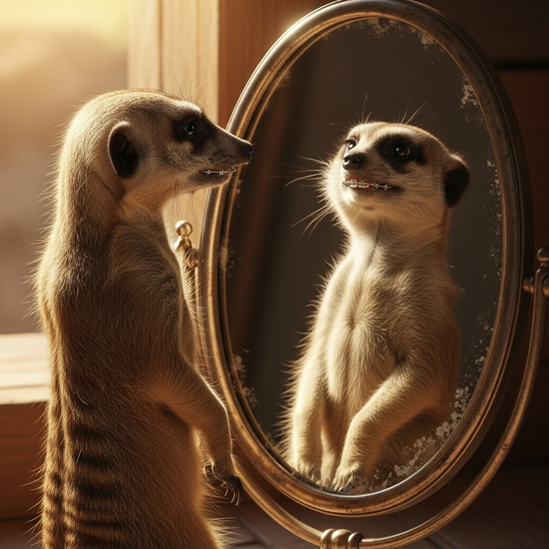 Meerkat with Braces Looking in Mirror