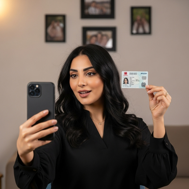 Person Taking Selfie with ID Card | Smiling Pose