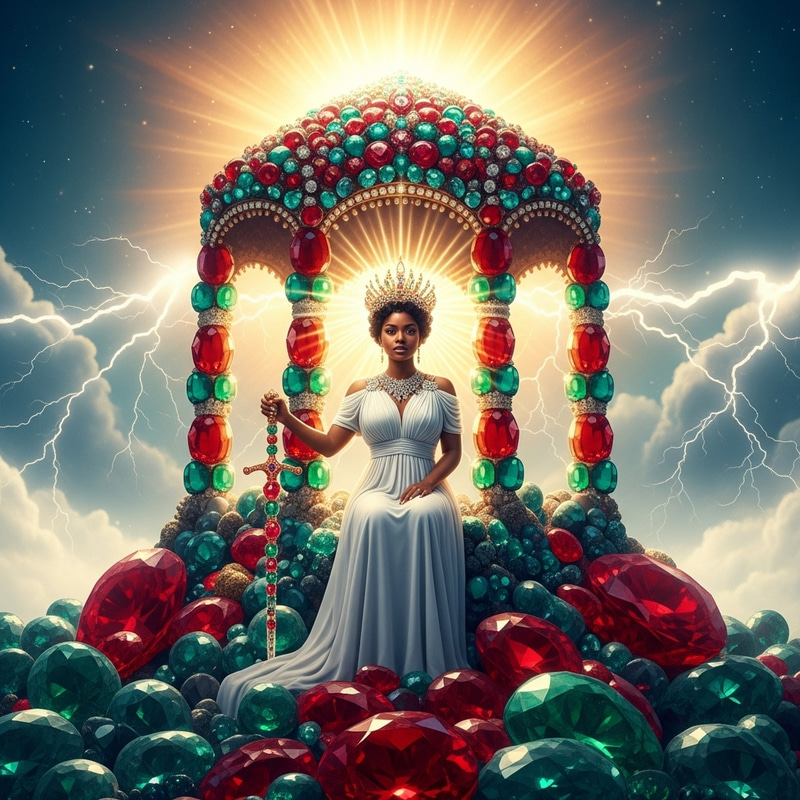 Majestic Black Woman on Emerald and Ruby Mountain | Spiritual Power and Elegance Majestic Black Woman on Emerald and Ruby Mountain | Spiritual Power and Elegance