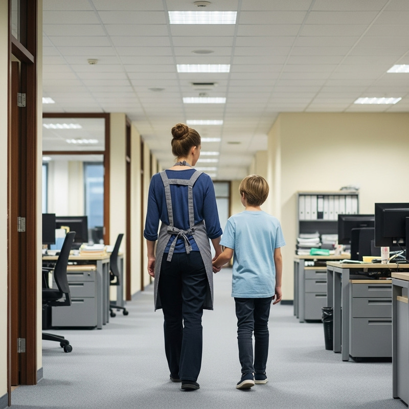 European Cleaning Lady Walking Child in Office Corridor European Cleaning Lady Walking Child in Office Corridor