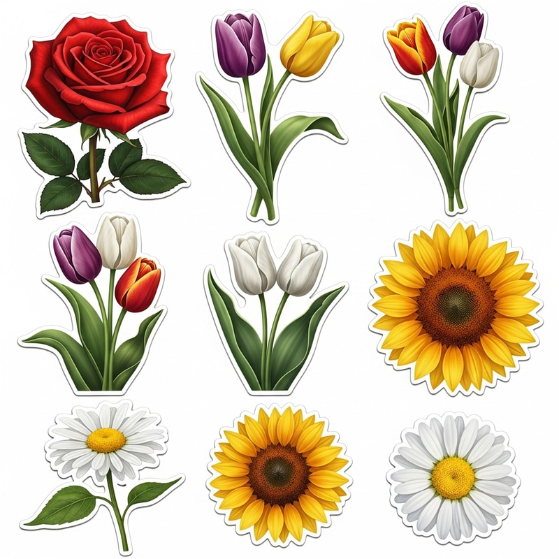 Vivid Flower Stickers - Beautiful Rose, Tulip, Sunflower & Daisy Set Vivid Flower Stickers - Beautiful Rose, Tulip, Sunflower & Daisy Set