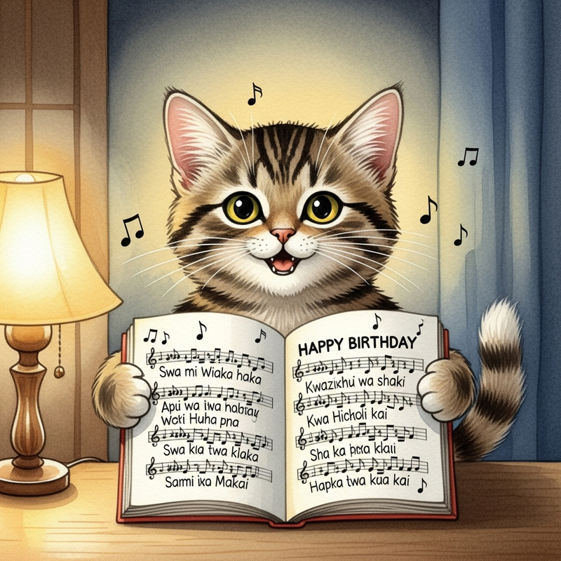 Adorable Cat Singing 'Happy Birthday' in Swahili - Watercolor Art Adorable Cat Singing 'Happy Birthday' in Swahili - Watercolor Art