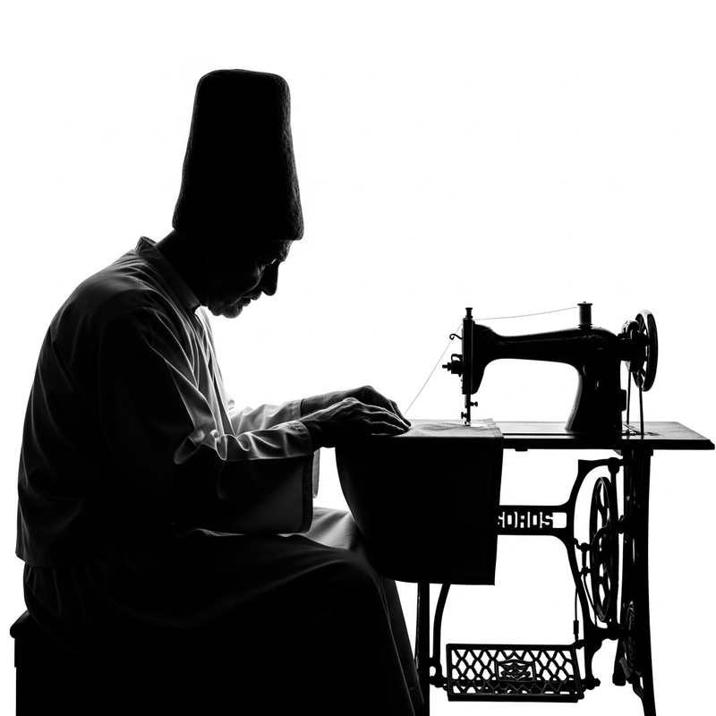 Black and White Silhouette of Elderly Dervish Sewing with Traditional Machine Black and White Silhouette of Elderly Dervish Sewing with Traditional Machine