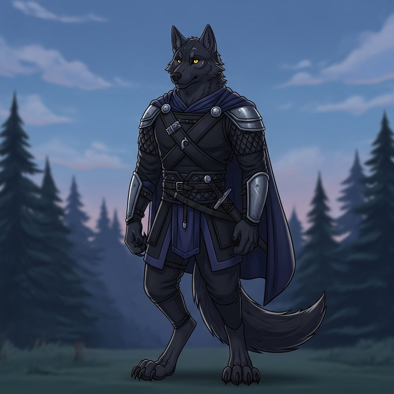Sleek Black Wolf in Nordic Warrior Garb, Twilight Setting Sleek Black Wolf in Nordic Warrior Garb, Twilight Setting