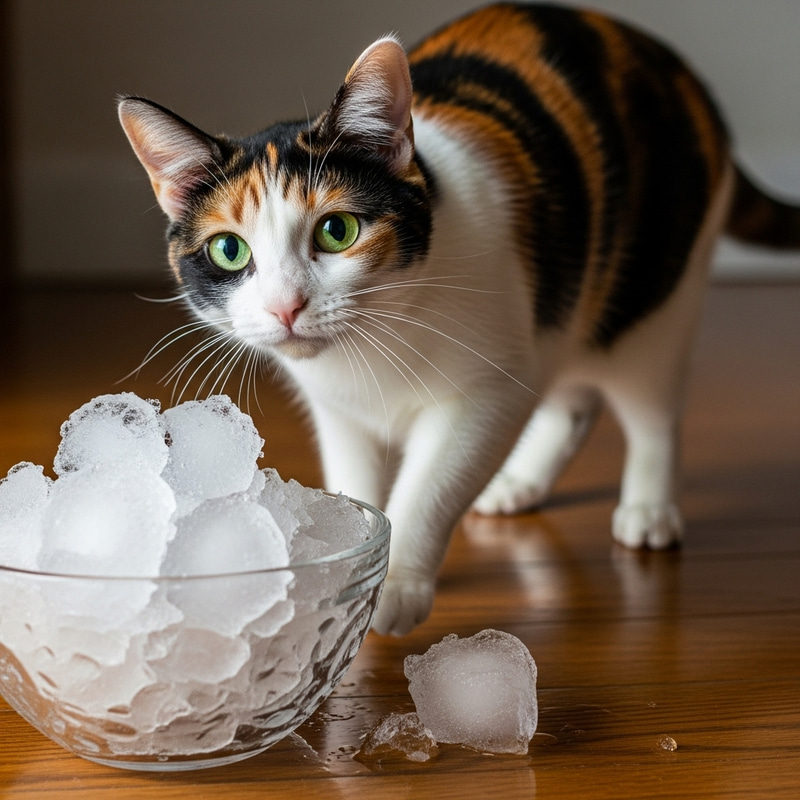 Curious Cat with Ice: Playful Feline on Wooden Floor Curious Cat with Ice: Playful Feline on Wooden Floor