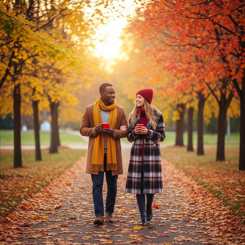 Autumn Stroll: Multiracial Couple in Maple Forest