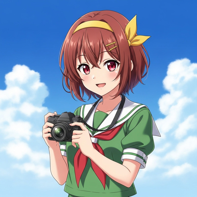 Cheerful Anime Girl with Auburn Hair Smiling | Camera-Ready Pose Cheerful Anime Girl with Auburn Hair Smiling | Camera-Ready Pose
