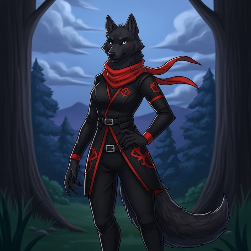 Furry Female Black Wolf in Stylish Black and Red Attire Furry Female Black Wolf in Stylish Black and Red Attire