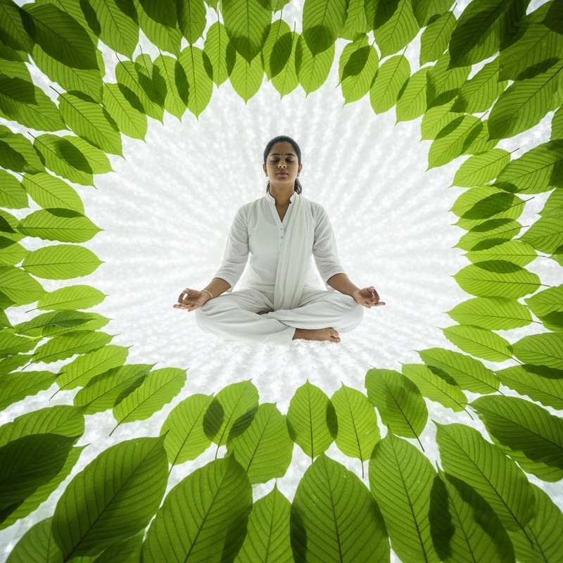 Serenity: Meditating South Asian Girl with Green Kratom Leaves