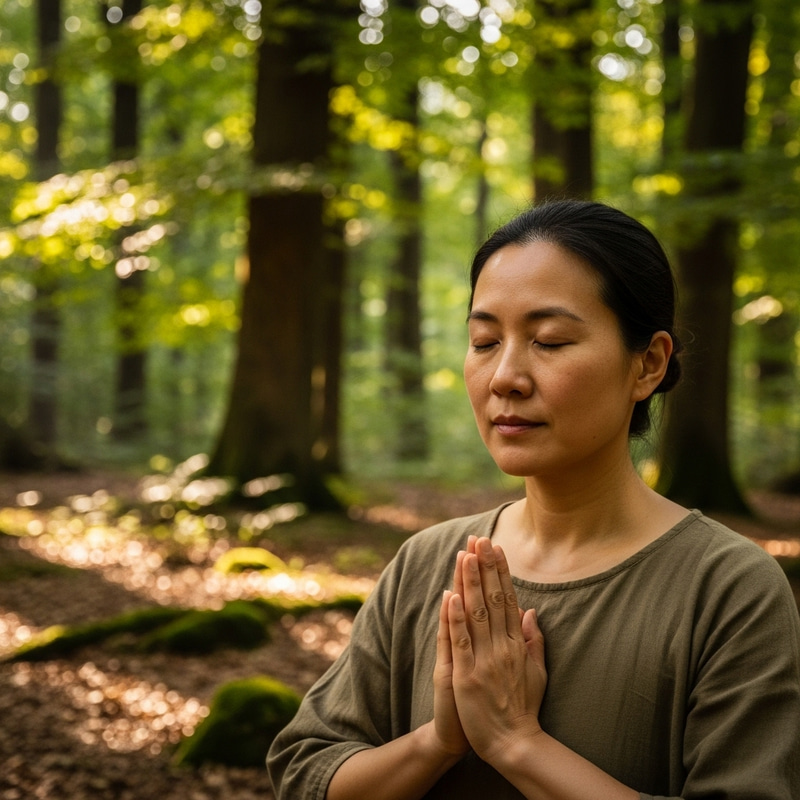 Woman Praying in Serene Forest - Spiritual Connection Woman Praying in Serene Forest - Spiritual Connection